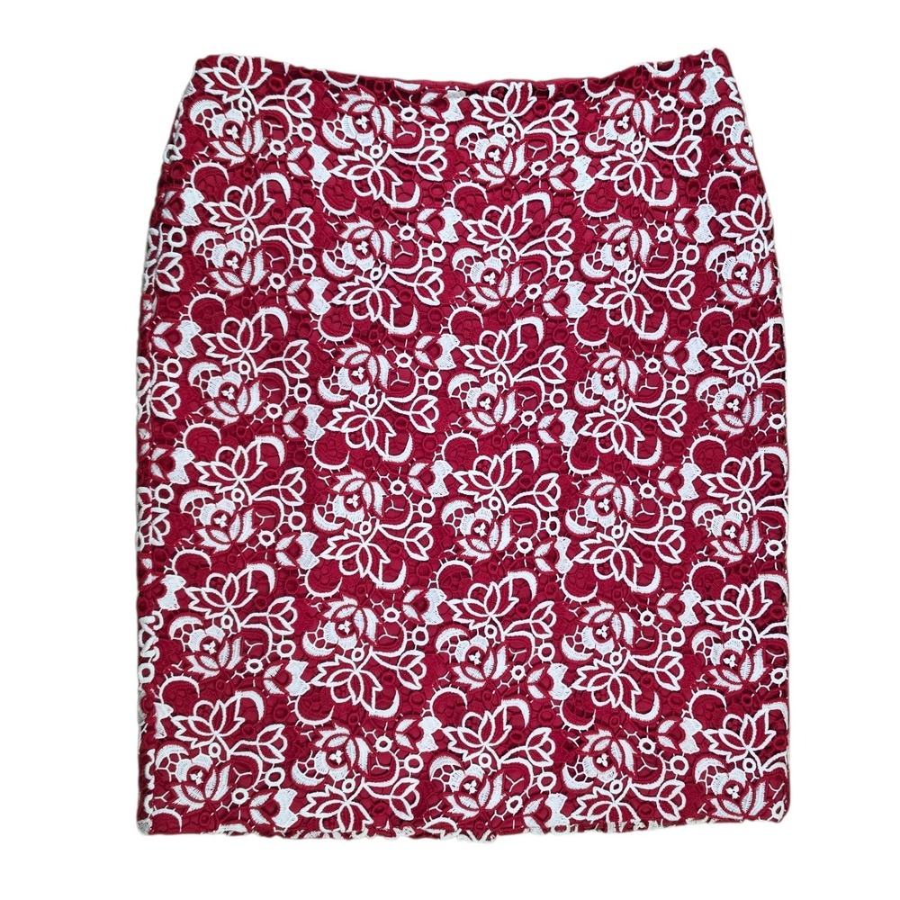 Talbots Womens 14 Pencil Skirt Red White Floral Guipure Lace Overlay Knee Length